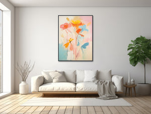 Large Floral Canvas Wall Art - Framed Canvas Print - Modern Abstract Floral Painting - Orange and Pink Flower Artwork - &quot;SOFT TOUCH&quot;