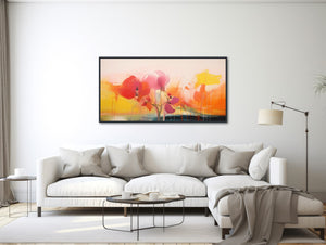 Large Floral Canvas Wall Art - Framed Canvas Print - Modern Abstract Floral Painting - Panoramic - Red Flowers Artwork - &quot;TOUCH OF RED&quot;