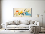 Large Floral Canvas Wall Art - Framed Canvas Print - Modern Abstract Floral Painting - Panoramic - Blue and Beige Flowers - &quot;SPRINGTIME 2&quot;