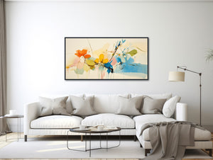 Large Floral Canvas Wall Art - Framed Canvas Print - Modern Abstract Floral Painting - Panoramic - Blue and Beige Flowers - &quot;SPRINGTIME 2&quot;