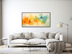 Large Floral Canvas Wall Art - Framed Canvas Print - Modern Abstract Floral Painting - Panoramic - Orange and Teal Flowers - &quot;MISTY MORNING&quot;