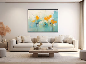 Large Floral Canvas Wall Art - Framed Canvas Print - Modern Abstract Floral Painting - Teal and Yellow Flowers Artwork - &quot;SUMMER TEAL 2&quot;