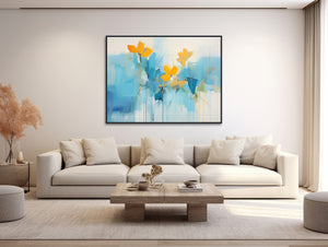 Large Floral Canvas Wall Art - Framed Canvas Print - Modern Abstract Floral Painting - Blue and Yellow Flowers Artwork - &quot;SUMMER BLUE 1&quot;