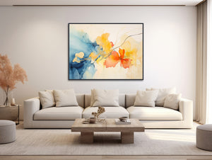 Large Floral Canvas Wall Art - Framed Canvas Print - Modern Abstract Floral Painting - Blue and Yellow Flowers Artwork - &quot;SPRINGTIME 1&quot;