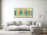 Large Mid-Century Canvas Wall Art - Framed Canvas Print - Geometric Abstract Panoramic Painting - Teal, Orange, Tan - &quot;MULTIPLEX LIGHT&quot;