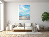 Large Abstract Seascape - Canvas Wall Art - Framed Canvas Print - Modern Ocean Painting - Extra Large Artwork - Light Blue - &quot;SHIMMER&quot;