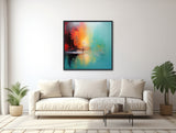 Large Abstract Seascape - Canvas Wall Art - Framed Canvas Print - Modern Nautical Painting - Extra Large Artwork - Teal / Orange - &quot;ADRIFT&quot;