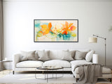 Large Floral Canvas Wall Art - Framed Canvas Print - Modern Abstract Floral Painting - Panoramic - Orange and Teal Flowers- &quot;SPRINGTIME 5&quot;