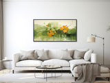 Large Floral Canvas Wall Art - Framed Canvas Print - Modern Abstract Floral Painting - Panoramic - Green Flowers Artwork - &quot;FOREVER GREEN&quot;