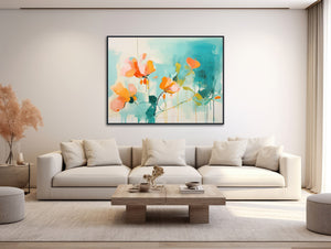 Large Floral Canvas Wall Art - Framed Canvas Print - Modern Abstract Floral Painting - Teal and Orange Flowers - &quot;SUMMER TEAL 1&quot;