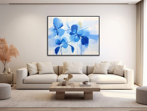 Large Floral Canvas Wall Art - Framed Canvas Print - Modern Abstract Floral Painting - Extra Large Artwork - &quot;BLOOMING BLUE 3&quot;