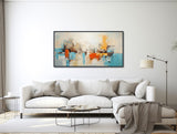 Large Abstract Canvas Wall Art - Framed Canvas Print - Modern Abstract Painting - Large Panoramic Art - Blue and Orange - &quot;MYSTIC SHADES&quot;