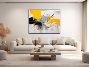 Large Abstract Canvas Wall Art - Framed Canvas Print - Modern Abstract Expressionist Painting - Yellow and Black Artwork - &quot;GOOD NEWS&quot;