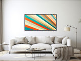 Large Mid-Century Canvas Wall Art - Framed Canvas Print - Geometric Abstract Panoramic Painting - Teal, Orange, Tan Stripes - &quot;DAYBREAK&quot;