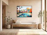 a painting of a swimming pool in a living room