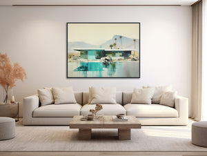 Mid-Century Architecture Art - Framed Canvas Print - Palm Springs Retro Wall Art - Mid Century Modern Abstract Painting - &quot;DESERT OASIS&quot;