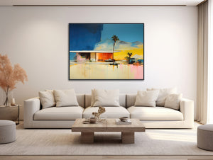 Mid-Century Architecture Art - Framed Canvas Print - Palm Springs Retro Art - Mid Century Modern Abstract Painting - &quot;Mid-Century Vibrance&quot;