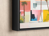 a painting hanging on a wall with palm trees