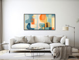 Large Mid-Century Modern Art - Retro Abstract Painting - Framed Canvas Print - Geometric Shapes - Orange, Teal, Beige -  &quot;QUIET CONTOURS 3&quot;