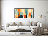 Large Mid-Century Modern Art - Retro Abstract Painting - Framed Canvas Print - Geometric Shapes - Orange, Teal, Beige -  &quot;QUIET CONTOURS 2&quot;