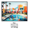 a painting of a modern art shop with palm trees