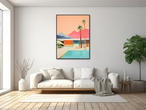 Mid-Century Architecture Art - Framed Canvas Print - Palm Springs Retro Art - Mid Century Modern Abstract Painting - &quot;Mid-Century Retreat&quot;