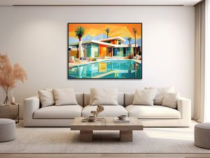 Mid-Century Architecture Art - Framed Canvas Print - Palm Springs Retro Wall Art - Mid Century Modern Abstract Painting -&quot;RETRO GEOMETRIC 1&quot;