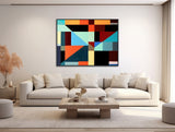 Large Geometric Canvas Wall Art - Framed Canvas Print - Modern Abstract Painting - Teal, Orange, Black - Bold Colors - &quot;GEO TAPESTRY&quot;