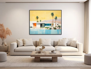 Mid-Century Architecture Art - Framed Canvas Print - Palm Springs Retro Wall Art - Mid Century Modern Abstract Painting - &quot;Desert Oasis 2&quot;