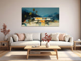 a living room with a white couch and a painting on the wall