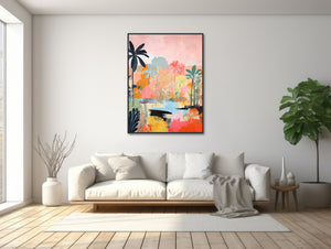 Colorful Pastel Landscape Painting - Large Abstract Wall Art - Framed Canvas Print - Tropical Artwork - Pink, Peach, Blue - &quot;SECRET LAGOON&quot;