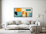 Large Geometric Minimal Wall Art - Framed Canvas Print - Modern Abstract Painting - Blue, Beige, Orange  - &quot;TRANQUIL BALANCE 2&quot;