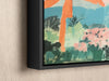 a painting hanging on a wall with a black frame