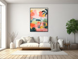 Tropical Landscape Painting - Abstract Botanical Wall Art - Boho Print or Framed Canvas Print - Coral and Teal Palm Tree - &quot;HIDDEN TREASURE&quot;