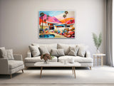 a living room with a white couch and a painting on the wall