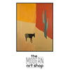 a painting of a cow in a desert with a cactus in the background