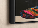 a painting of a colorful purse on a wall