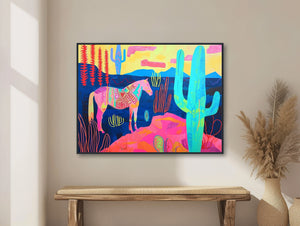 Southwestern Wall Art  - Colorful Western Decor - Horse and Saguaro Cactus Painting - Framed Canvas or Giclée Print - &quot;HORSEPLAY&quot;