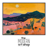 a painting of a desert landscape with a full moon