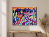 Southwestern Wall Art - Saguaro Cactus - Arizona Landscape Painting - Colorful Western Decor- Framed Canvas - Giclée Print - &quot;SONORAN SUNET&quot;