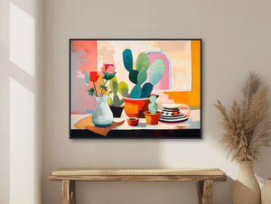 Southwestern Still Life Painting  - Colorful Modern Western Decor - Cactus Rose Pastel Art - Framed Canvas or Giclée Print - &quot;PRICKLY POT&quot;