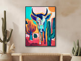 Southwestern Wall Art  - Colorful Western Decor - Abstract Bull and Cactus Painting - Framed Canvas or Giclée Print - &quot;PECOS&quot;