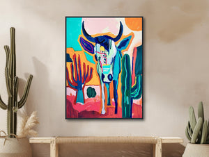 Southwestern Wall Art  - Colorful Western Decor - Abstract Bull and Cactus Painting - Framed Canvas or Giclée Print - &quot;PECOS&quot;