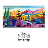 a picture of a desert scene with a cactus and mountains in the background