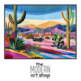 a painting of a desert with cactus trees