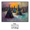 a painting of a group of teepees with the words the modern art shop