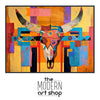 a painting of a bull&#39;s head on a colorful background