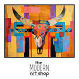 a painting of a bull&#39;s head on a colorful background