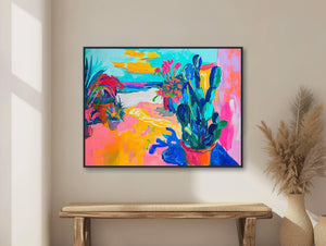 Tropical Abstract Painting - Modern Beach Wall Art with Cactus - Giclée or Framed Canvas Print - Pink, Blue, Yellow - &quot;GARDEN SANDS&quot;