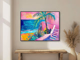 Tropical Abstract Painting - Modern Beach Wall Art with Palm Tree - Giclée or Framed Canvas Print - Pink, Blue - &quot;BEACHSIDE PALM&quot;